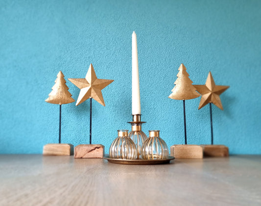 Glass vases with glass candlestick on tray with gold-coloured details