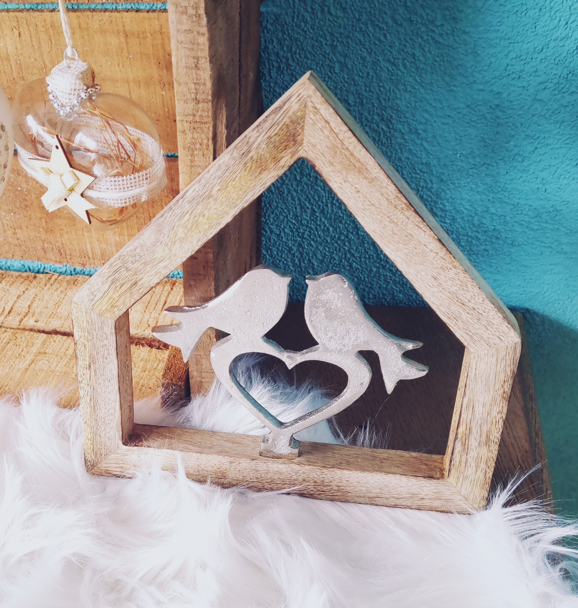 Decoratie vogelhuisje mangohout liefdesvogels op hart