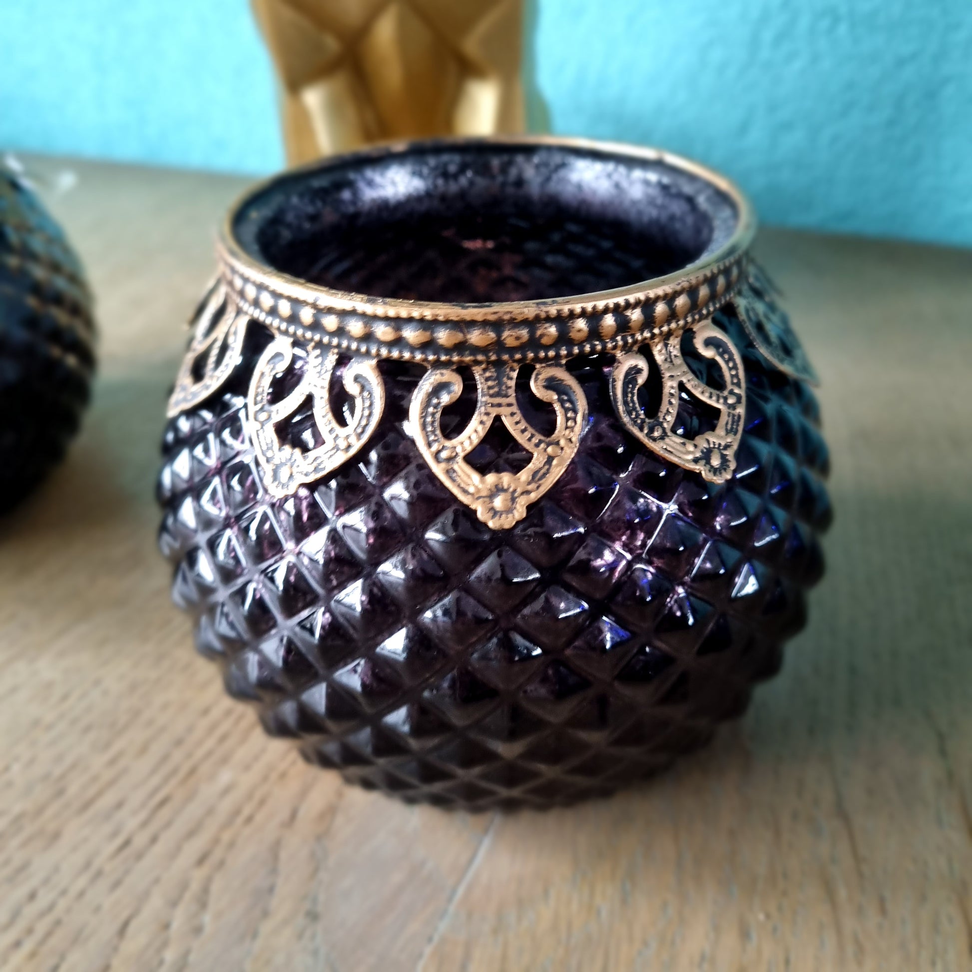 Waxinehouder zwart glas met goudkleurig randje